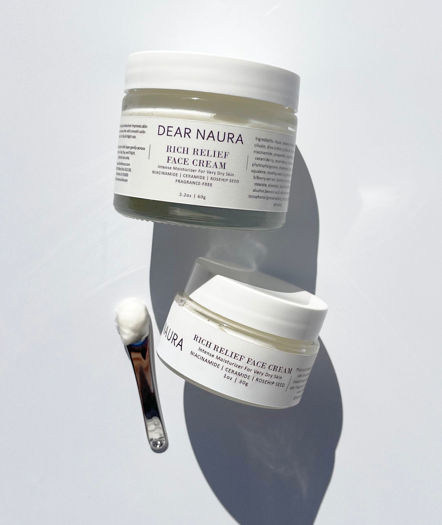 Rich relief face cream for very dry skin, intense moisture with ceramide, naicinamide, jojoba oil, squalene and rosehip seed oil.