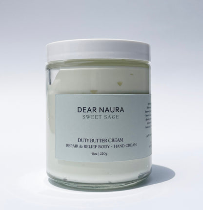 Glass jar of 'Duty Butter Cream' our most popular body butter in Sweet Sage