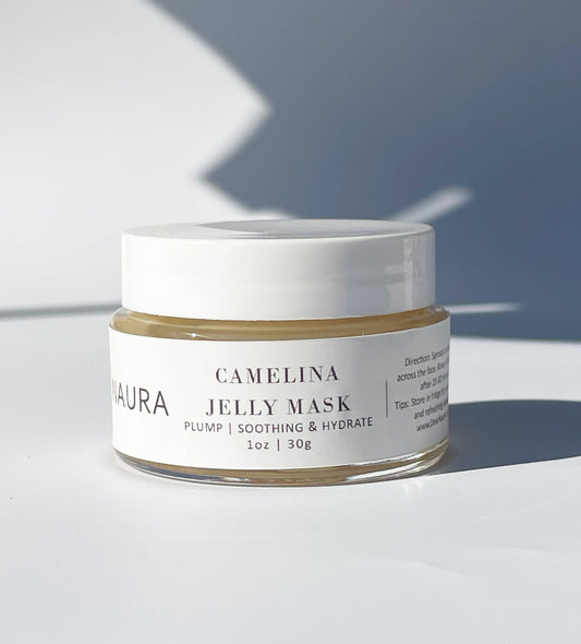 Camelina Jelly Face mask for soothing & hydrating featuring watermelon extract, niacinamide, bamboo extract in glass jar 